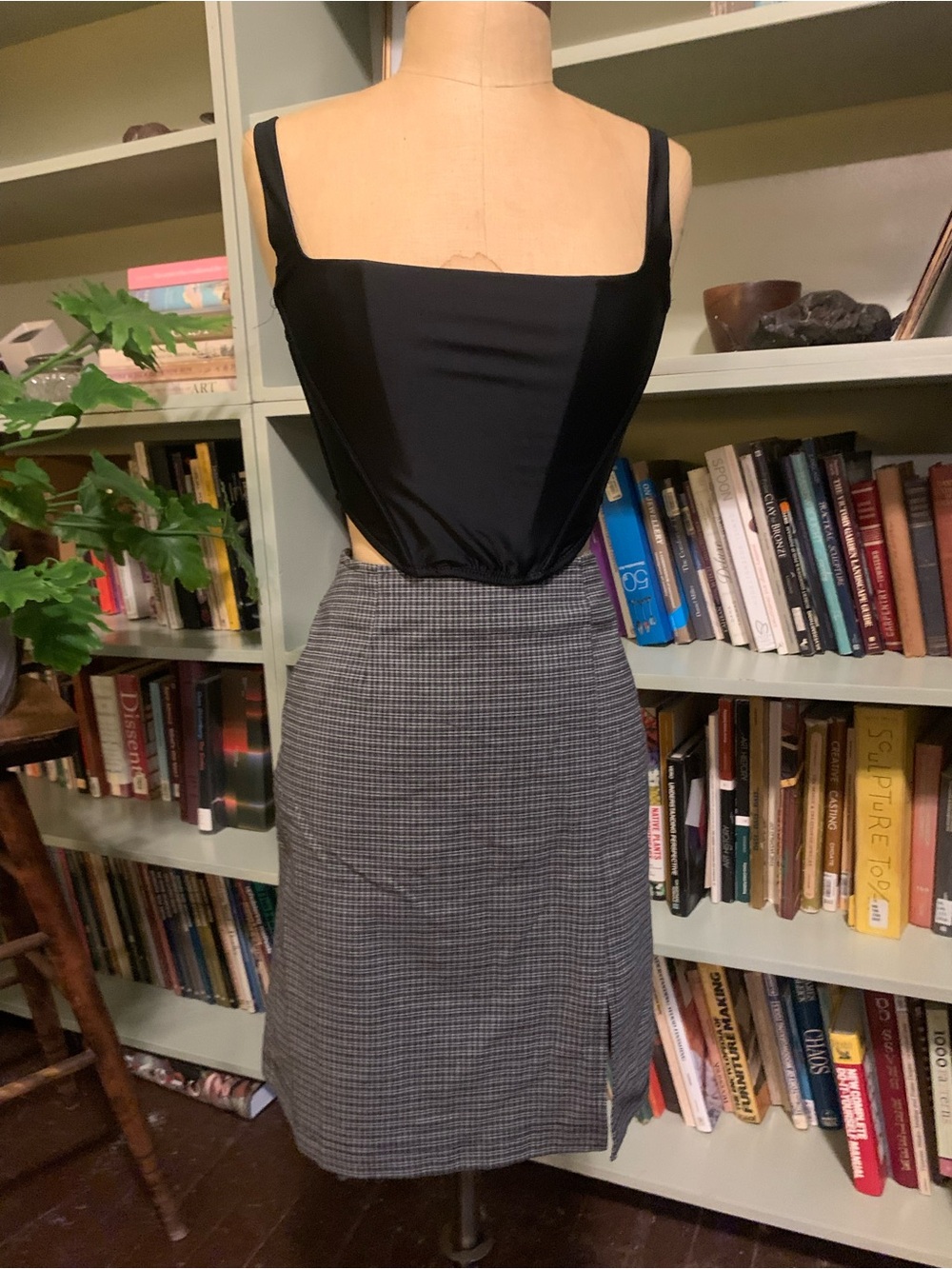 90s Fashion Bug Black Top with Gray Checked Pencil Skirt